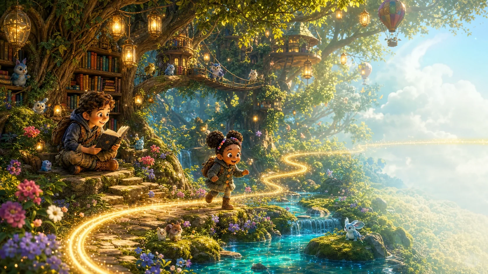The Litsee children following a golden trail through a luminous forest library