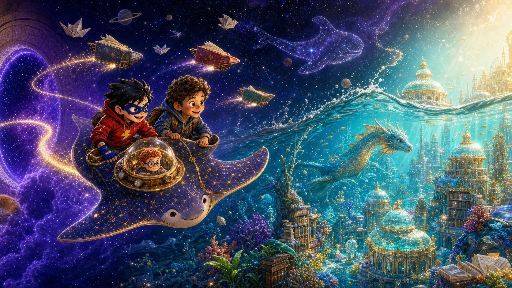 Three Litsee children travelling from a storybook cosmos into an underwater city
