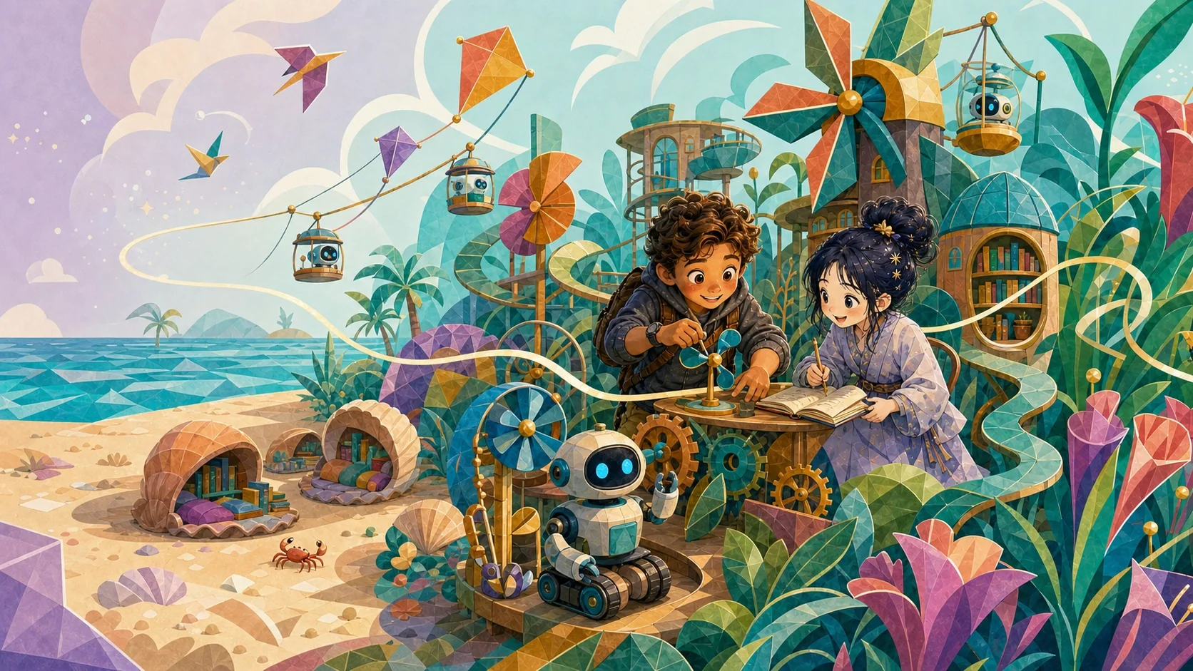 Two Litsee children inventing with friendly robots at a geometric story beach