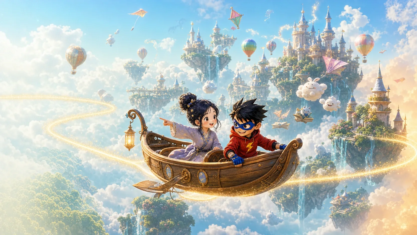 Two Litsee children sailing between bright castles above the clouds