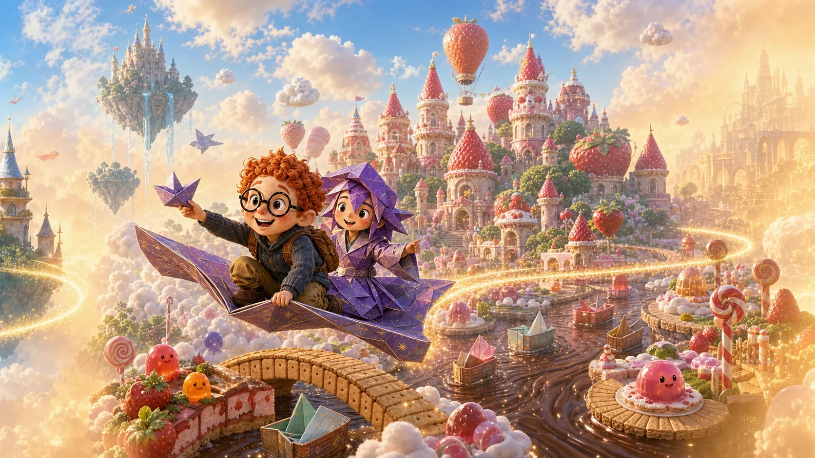Two Litsee children flying over a detailed strawberry and chocolate story kingdom