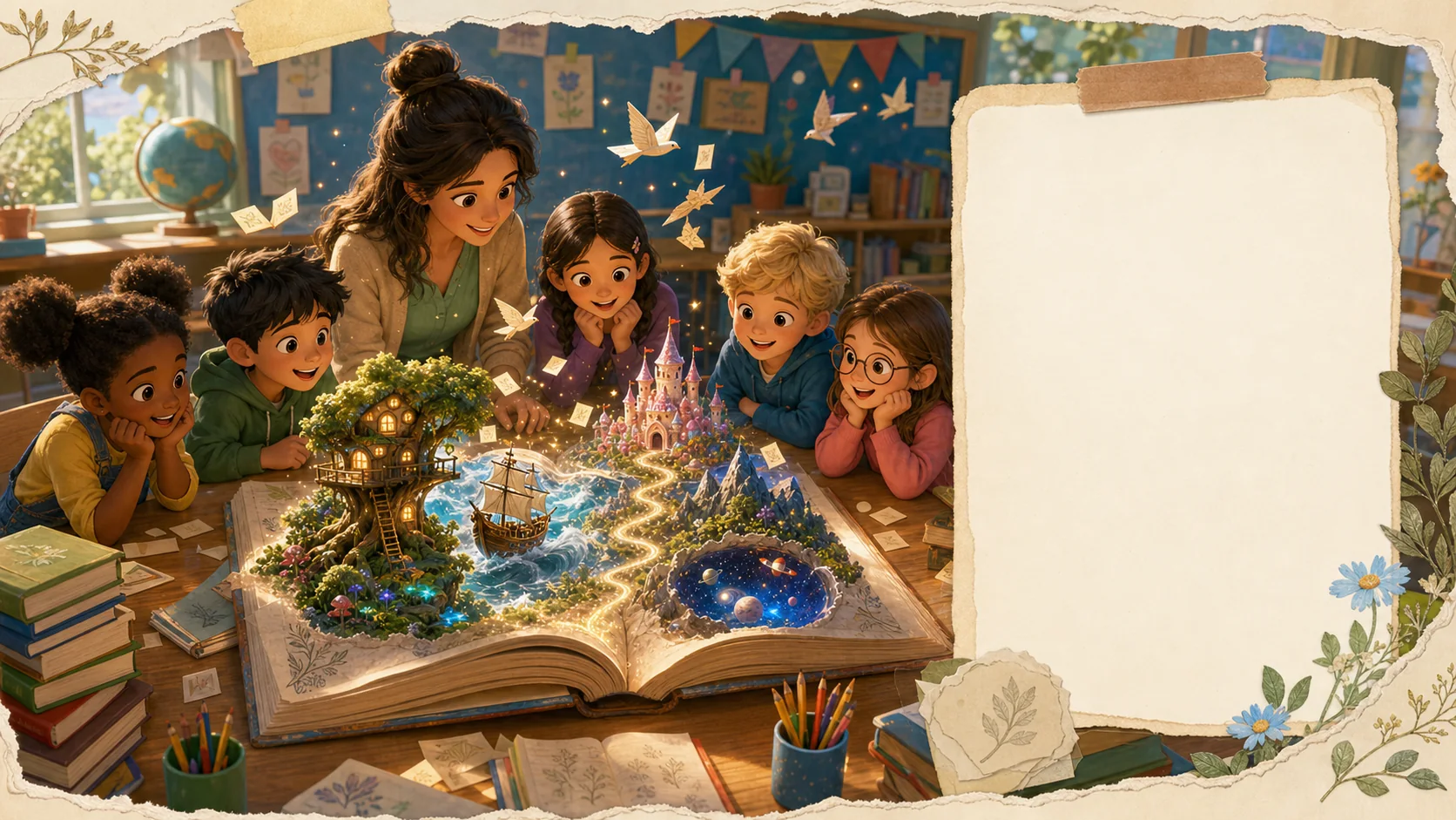 A teacher and pupils gathered around an open journal that has become a miniature story world